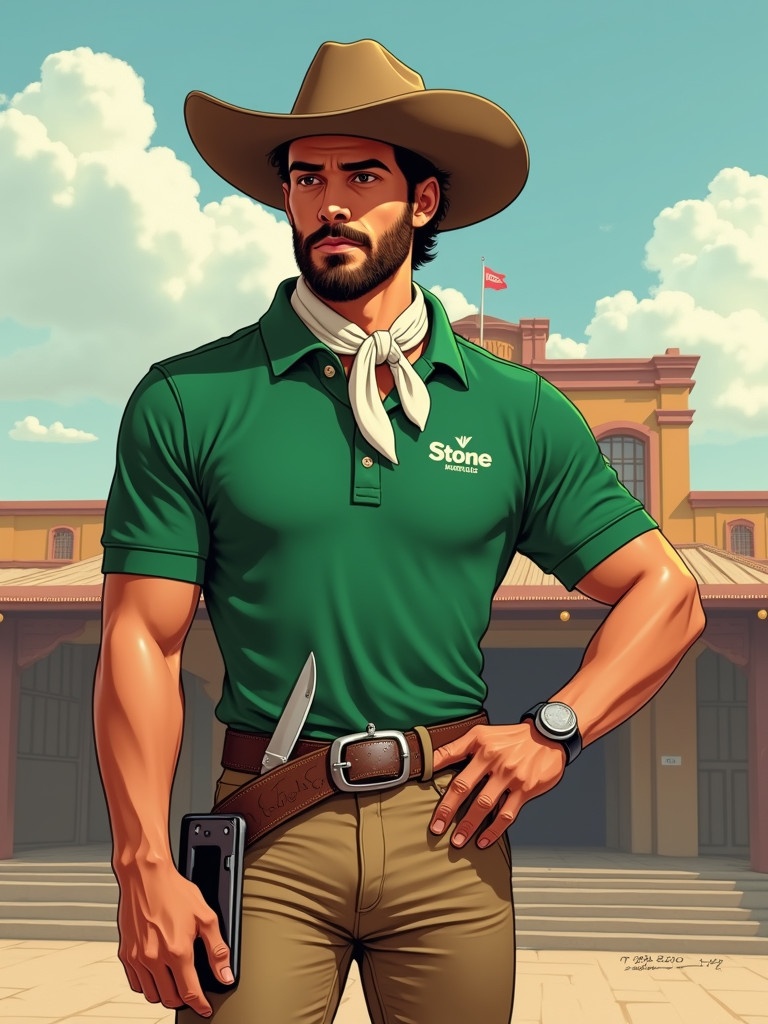 Create a modernized male character inspired by traditional gaúcho culture. Strong and serious appearance with a friendly touch. Outfit includes a green polo shirt with Stone logo, traditional gaúcho trousers, wide-brimmed hat in natural colors, and a white scarf. Include modern accessories like headphones or a digital device. Character positioned in front of Porto Alegre's Mercado Público with a vibrant color palette.