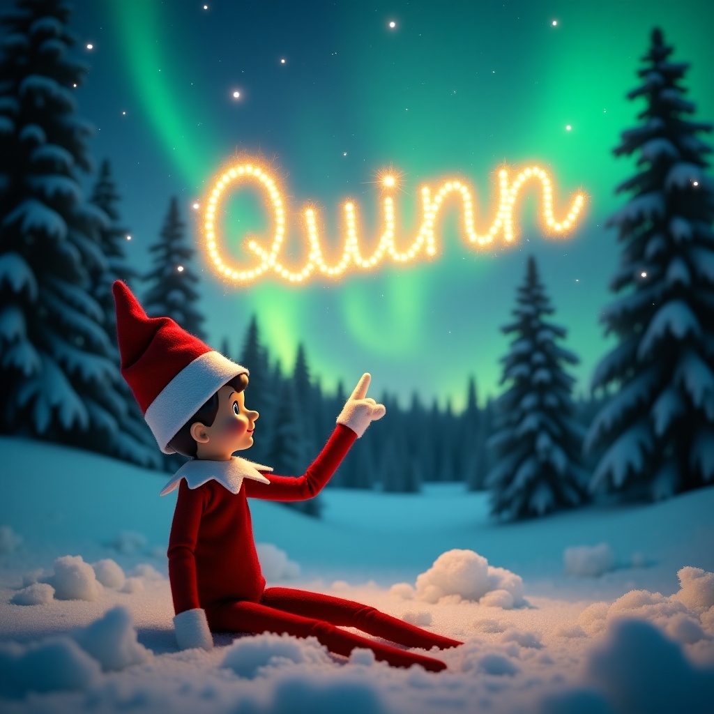 This image features an enchanting outdoor scene with an elf on the shelf sitting on a snowy ground. The elf is wearing a red outfit with a white collar and is pointing towards the sky. Above the elf, the name 'Quinn' is magically written in golden light. The background showcases vibrant northern lights illuminating the winter wonderland. Pine trees surround the scene, adding to the festive feel. This whimsical setting captures the joyous spirit of the holiday season beautifully.