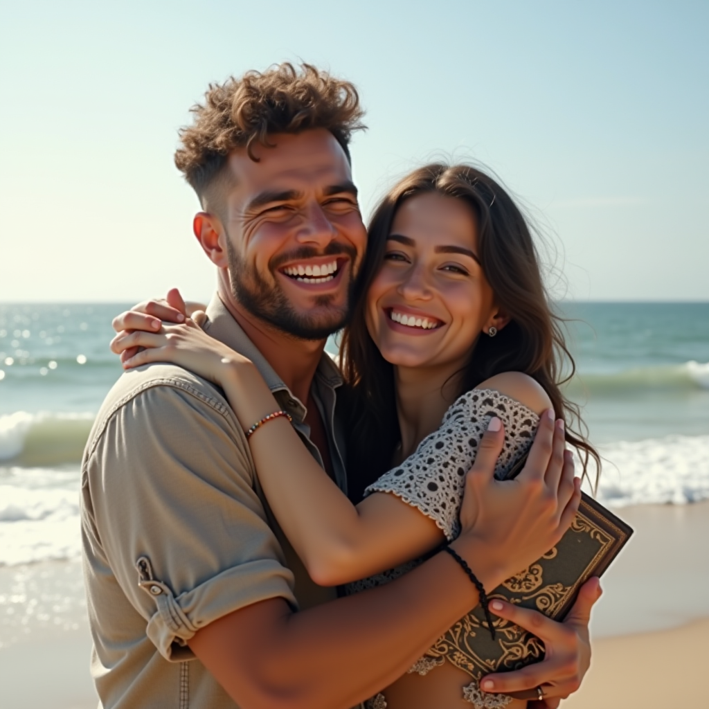 A joyful couple embraces on a sunny beach, smiling at the camera.