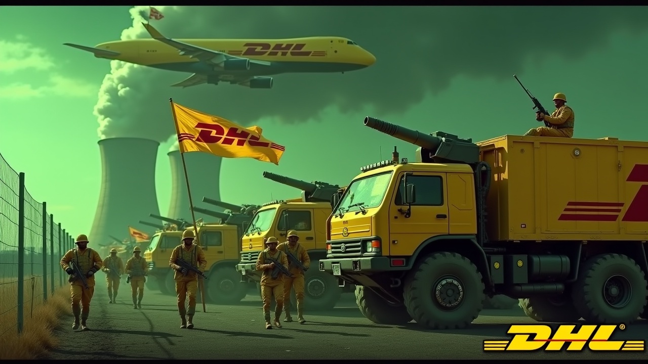 In a dramatic scene, several large yellow armored trucks equipped with large roof-mounted cannons are driving beside a fence. The sides of the trucks clearly show the DHL logo. Nearby, soldiers in yellow uniforms march in unison, some holding rifles and one with a large DHL flag. In the background, smokestacks of a glowing green nuclear power plant can be seen, and a big yellow DHL cargo plane flies overhead, intensifying the atmosphere. The scene portrays a blend of military might and logistics capabilities, showing DHL's branding prominently at the bottom.