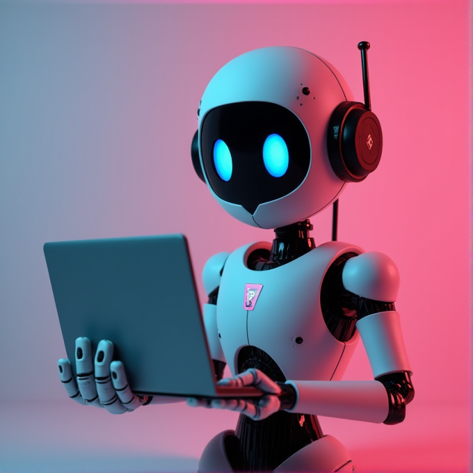 A futuristic robot with glowing blue eyes holds a laptop, set against a pink and blue gradient background.