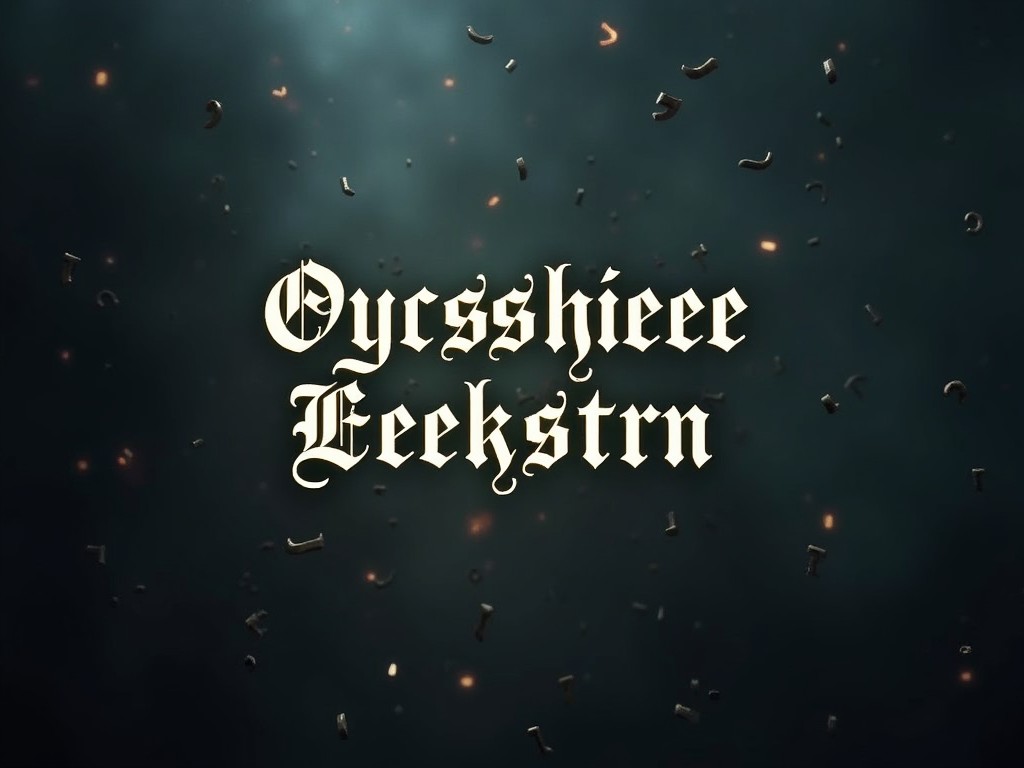 This image features the phrase 'Oycsshieee Eeekstrn' written in an ornate, gothic font against a dark, moody background. The text appears to be floating amongst sparkling, small, glowing particles that give a magical or mystical vibe. The background has a gradient of dark blues and blacks, evoking a night sky filled with scattered mysterious elements.