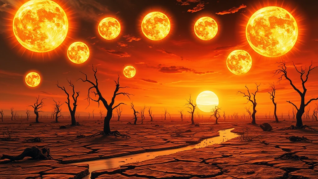 A surreal landscape featuring multiple vibrant suns in a desolate, barren terrain.