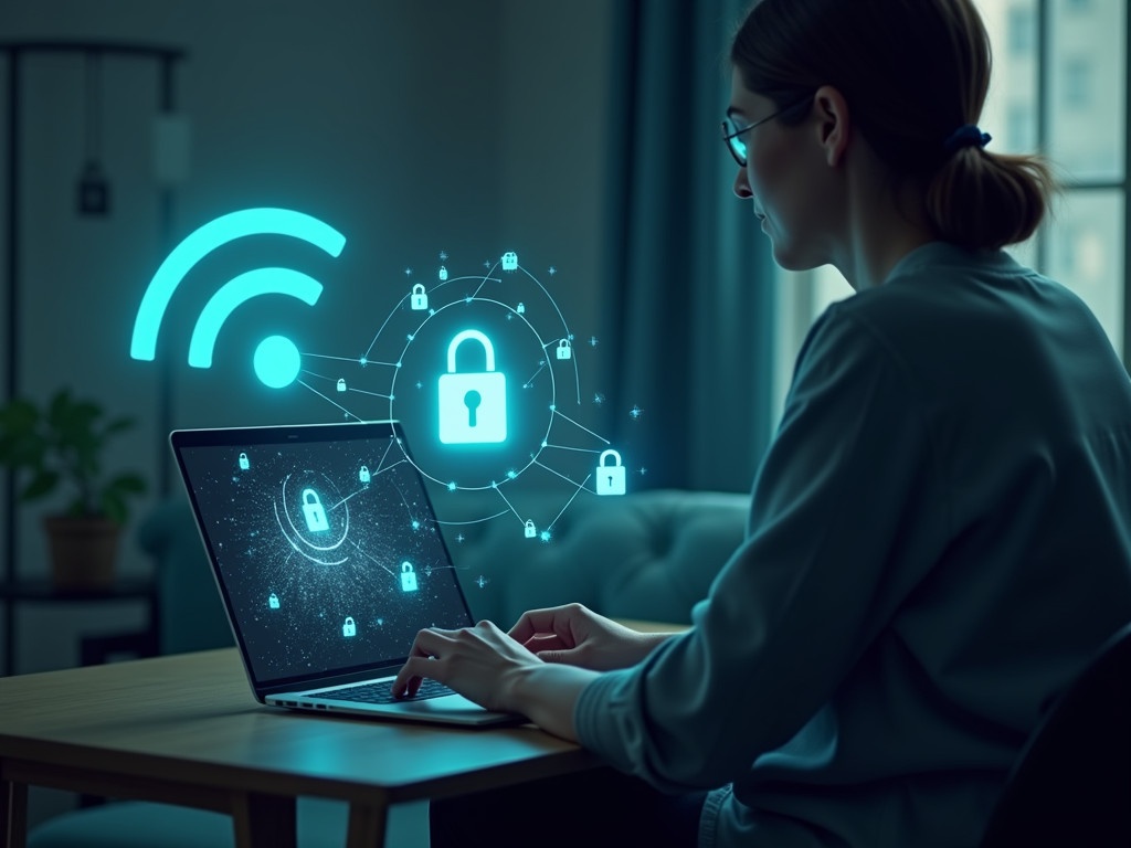 Image symbolizes security of devices using Wi-Fi. Person works on laptop in cozy environment. Laptop screen displays Wi-Fi signal icon surrounded by encryption symbols. Background features a Wi-Fi router with secure signal. Digital elements emphasize encryption and protection from hackers. Color scheme in blue green light gray evokes trust safety technology. Overall atmosphere conveys security while connected to Wi-Fi.