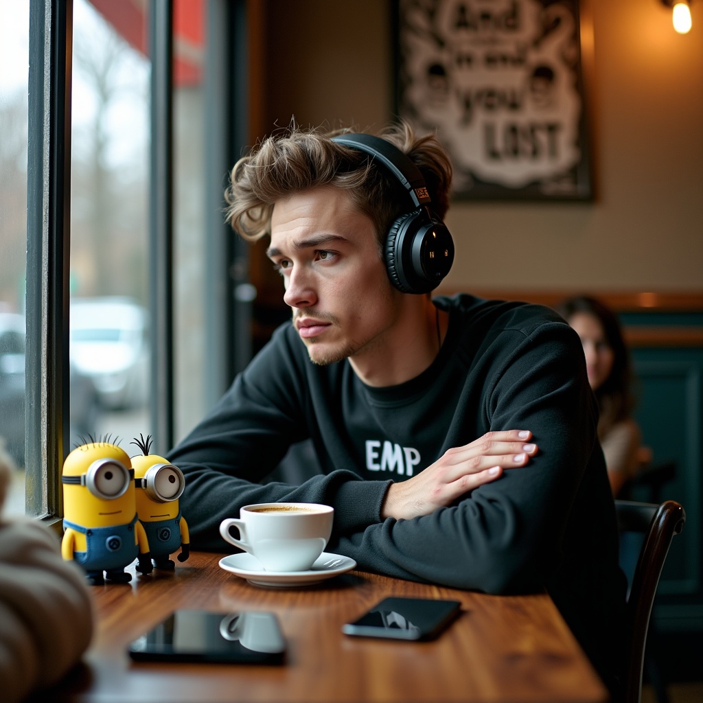 A young man wearing headphones, sitting at a café table with a cup of coffee. Beside him are small minion toys and a smartphone. The man appears deep in thought, gazing out the window.