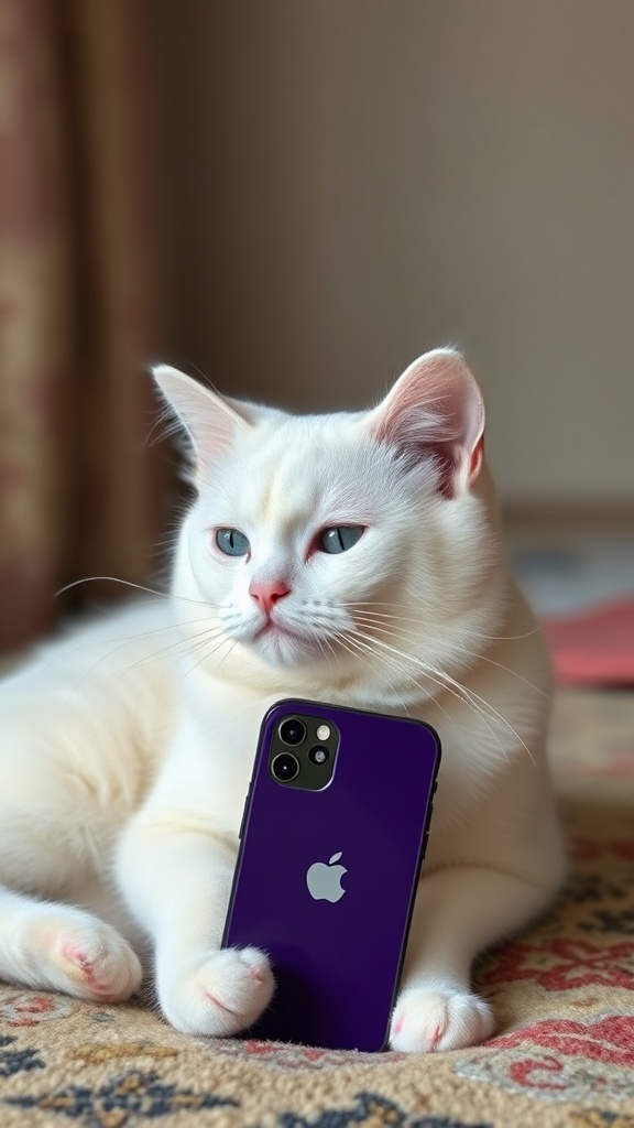 A white cat poses with a purple smartphone, giving a relaxed yet inquisitive look.