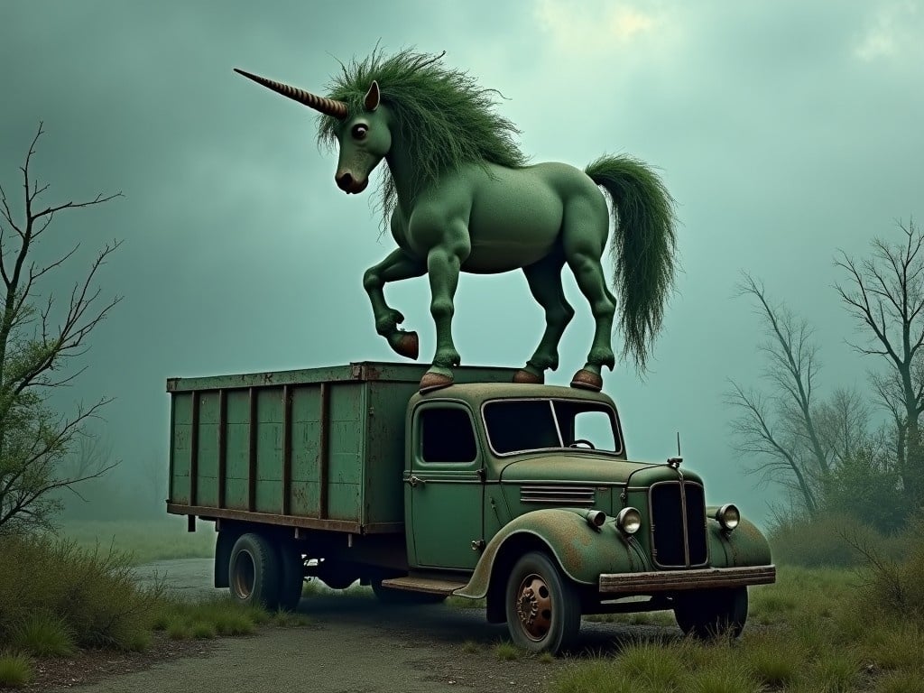 The image portrays a fantastical scene featuring a large, mythical creature resembling a unicorn. This unicorn has a lush, flowing mane that resembles greenery, suggesting a blend of nature and fantasy. It stands atop an old, abandoned truck, adding to the surreal feel of the artwork. The background consists of an overcast sky with dark, moody colors, creating a somewhat eerie atmosphere. Surrounding the truck are remnants of a forgotten landscape, with trees and foliage reclaiming the scene. Overall, the imagery combines elements of fantasy with a hint of decay, sparking intrigue and imagination.