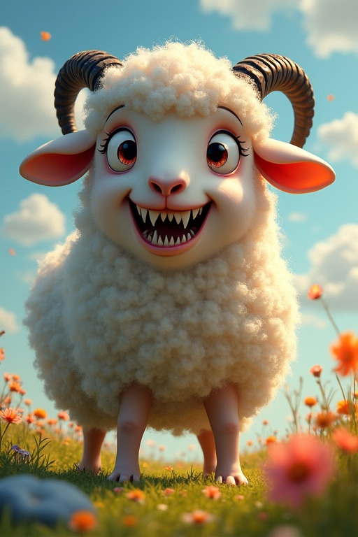 A terrifying monstrous sheep stands in a colorful meadow. The sheep has a dark aura. Its wool turns into blackened spikes. The eyes glow red and the mouth shows sharp fangs. Twisted horns are on its head. Its legs transform into clawed limbs. The ground cracks beneath it. Fiery energy radiates from the creature.