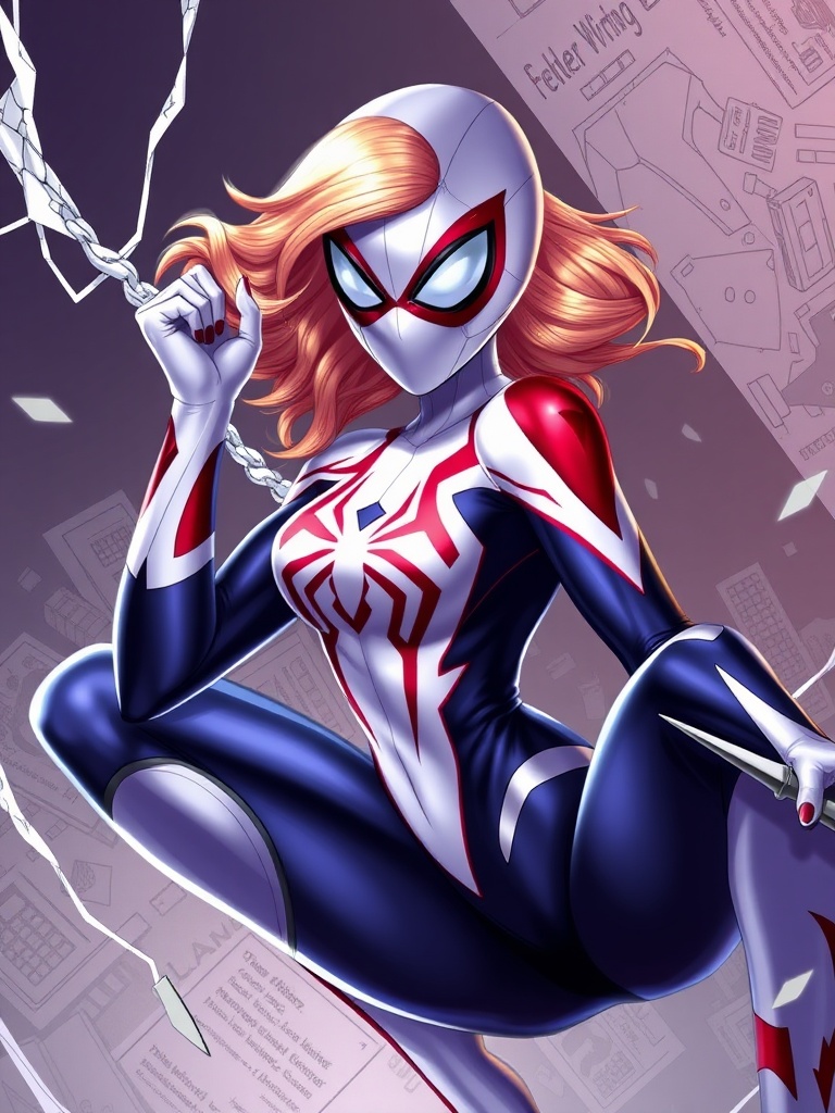 A dynamic female superhero in a spider-themed costume, crouching with confidence, set against a tech-themed background with webbing detail.