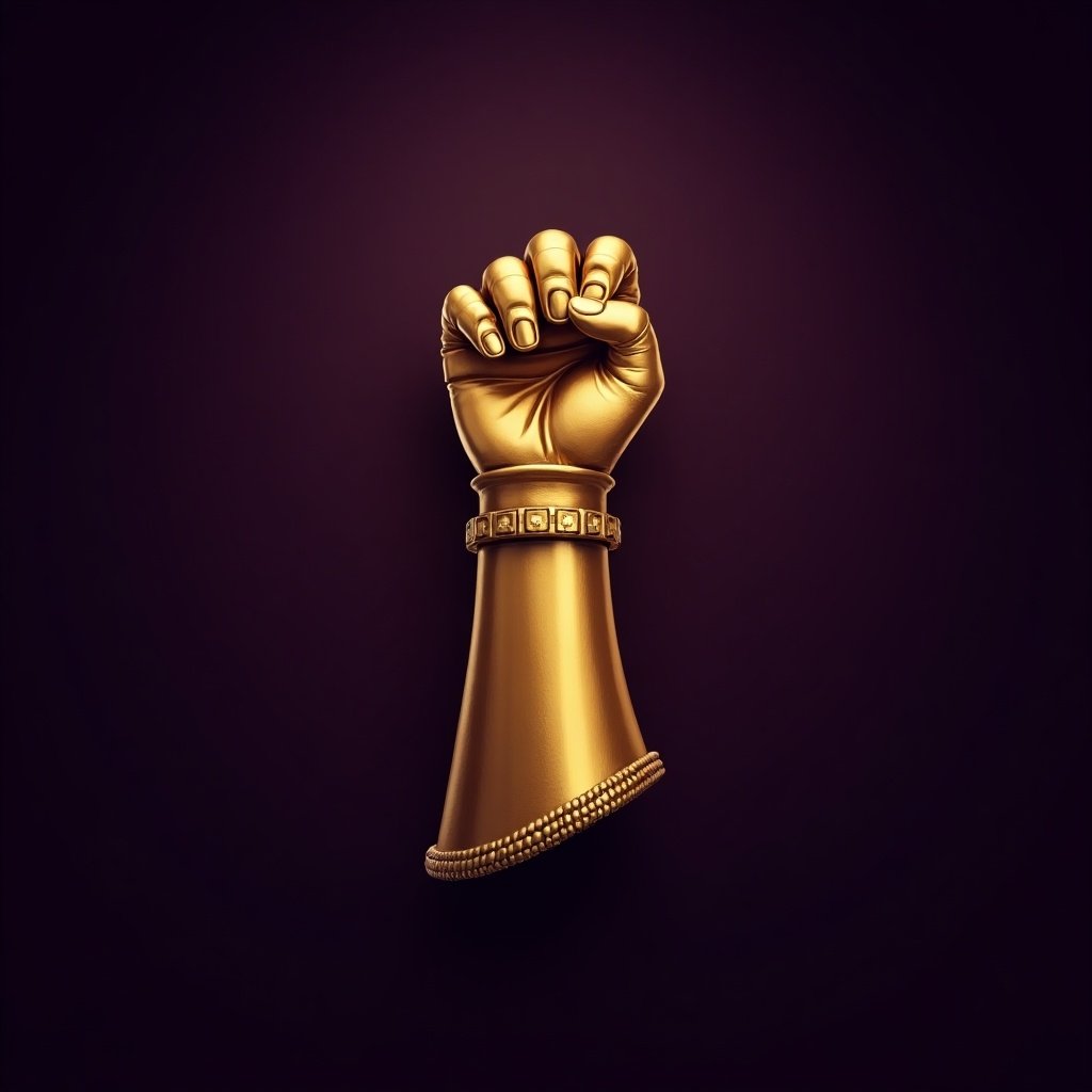 A golden war gauntlet displayed against a dark violet background.