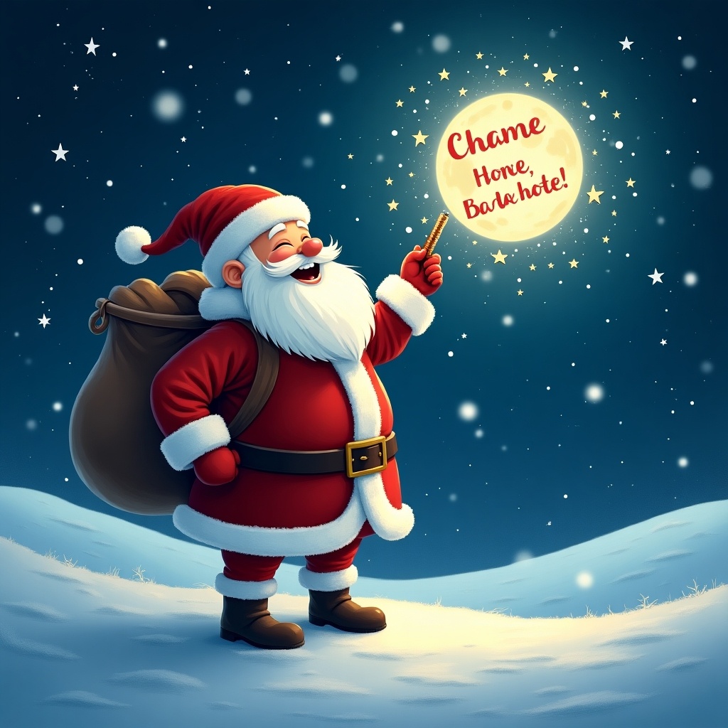 This illustration features a joyful Santa Claus standing in a snowy landscape. He is wearing his classic red suit with a fluffy white trim, carrying a large brown sack of toys on his back. Santa is cheerfully pointing up to the sky, where golden stars twinkle around a bright full moon. A magical phrase appears in the moonlight, inviting joy and festive spirit. The magical scene captures the essence of Christmas and the joyful moments associated with the holiday season. The atmosphere is warm and cheerful, perfect for holiday celebrations.