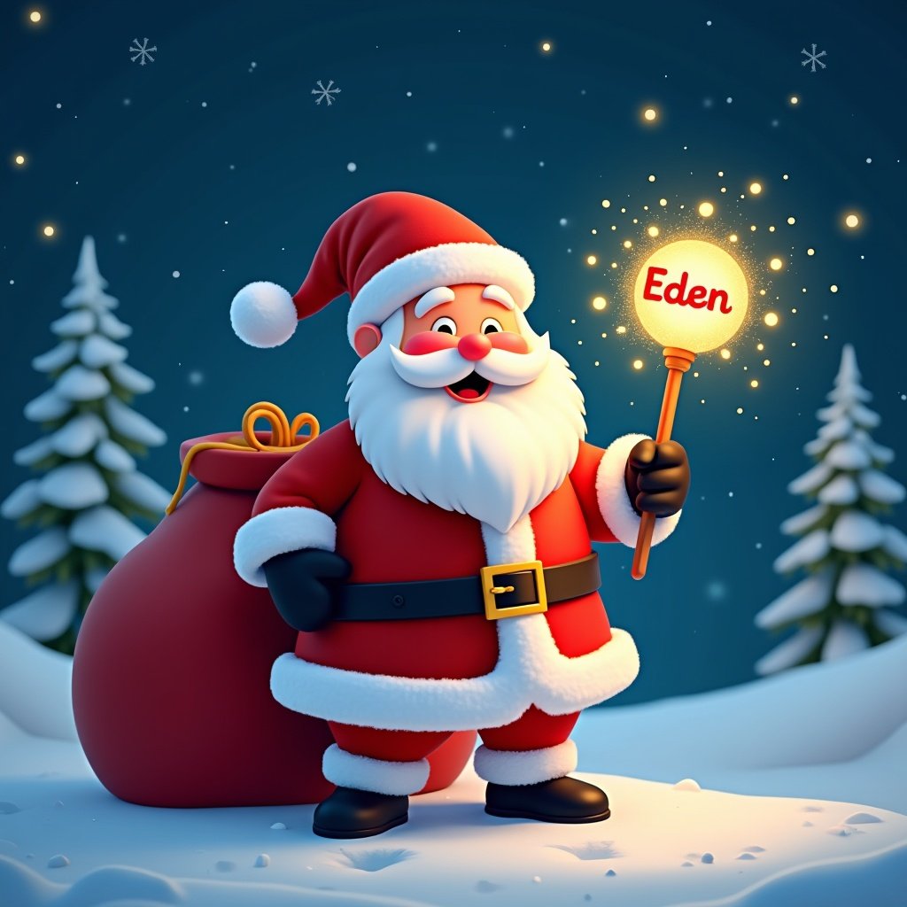 Cheerful Santa Claus in a snowy landscape with a red sack. Santa holds a sparkly wand with the name 'Eden' glowing. Night sky with stars and pine trees creates a festive atmosphere.