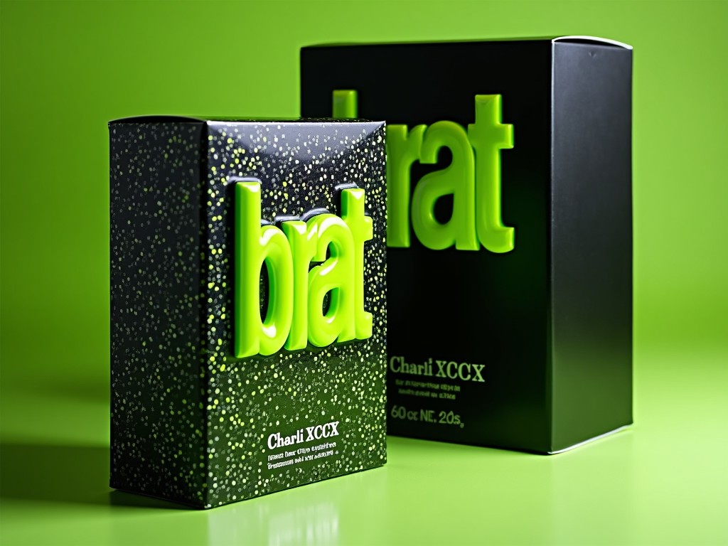 The image showcases a unique box design for a perfume called 'brat', featuring a vibrant lime green and black color scheme. The prominent logo is a raised glossy lime green saying 'brat', complemented by a metallic silver inscription of 'Charli XCX'. There are holographic prints and UV-sensitive hidden symbols present on the packaging. The design blends modern aesthetics with creative elements to attract attention. The setting enhances the colors, making the product pop out against the bright background.