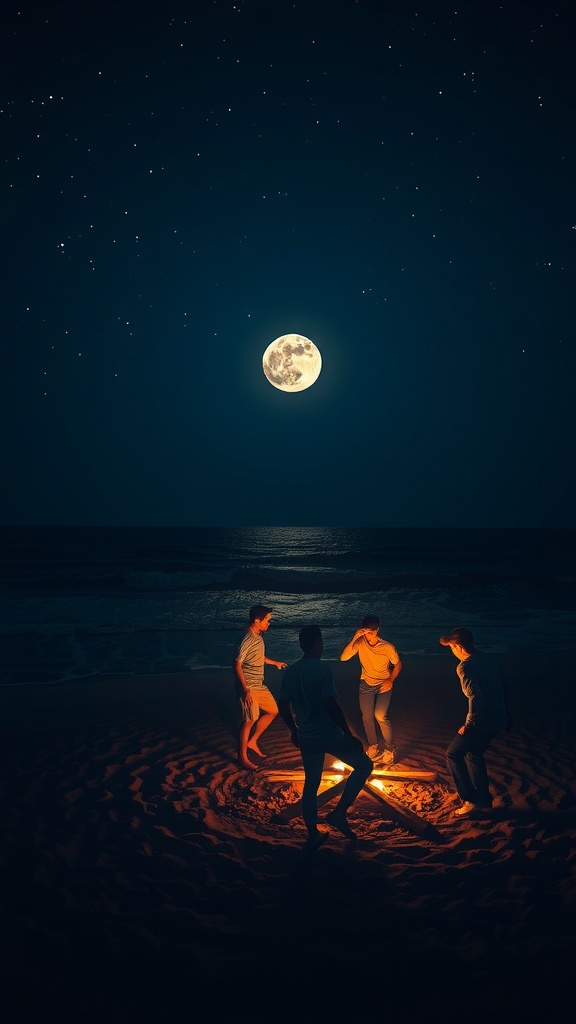 This image captures a serene night scene on a beach with four people gathered around a small, glowing bonfire. Above them, the full moon illuminates the sky, enhanced by a scattering of stars. The warm glow from the fire contrasts beautifully with the cool, deep blues of the night sky and ocean, creating a harmonious and inviting atmosphere.