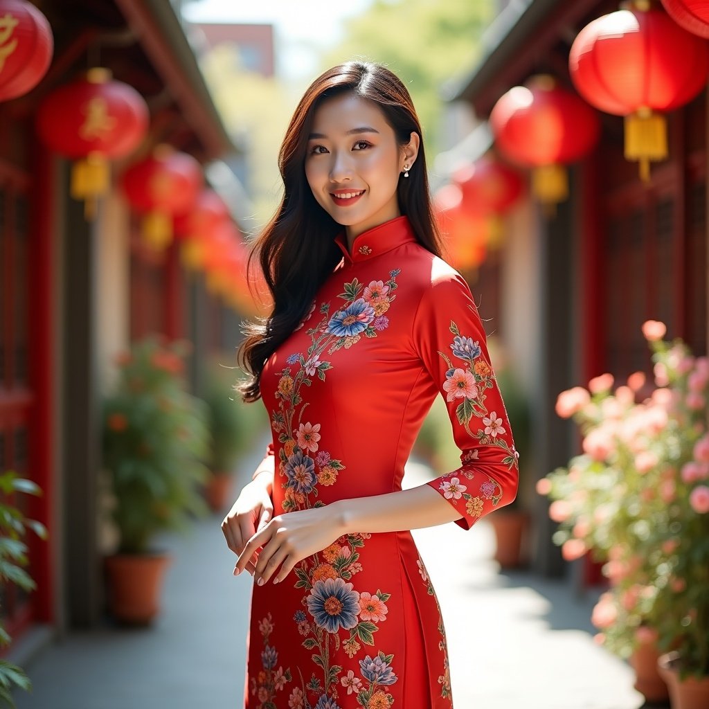 The image features a young woman wearing a vibrant red ao dai. The outfit is adorned with intricate floral patterns, showcasing traditional craftsmanship. She stands confidently in a picturesque street that is decorated with colorful flowers and traditional Chinese lanterns. The warm and natural lighting adds beauty to her elegant posture, emphasizing the detailed design of her dress. The charming alleyway in the background enhances the festive atmosphere of this cultural scene, inviting viewers to appreciate the elegance and artistry of traditional attire.