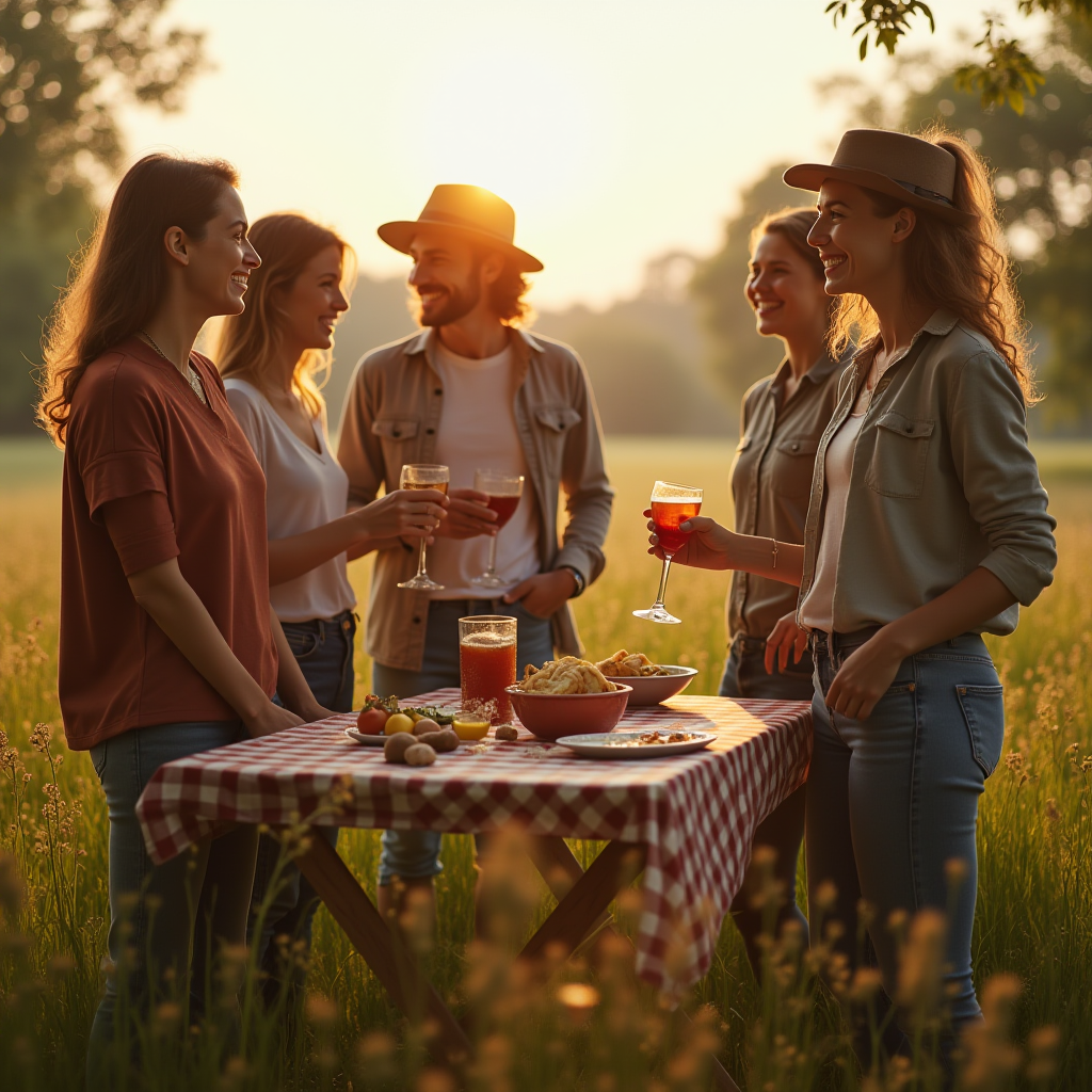 A group of friends enjoying a picnic and drinks in a sunlit field.