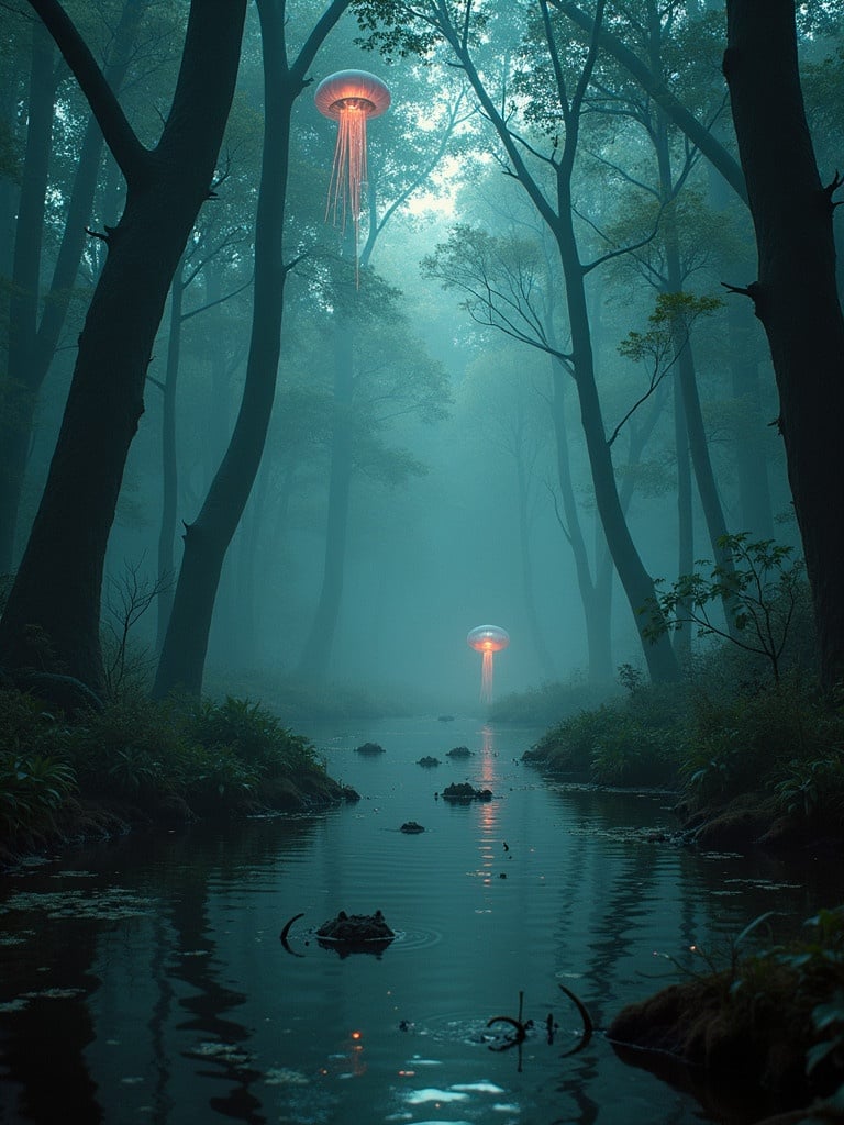 A dark swamp with huge trees. Giant light-emitting jellyfish are flying in the mist. They appear to be attacking huge fire-spitting frogs. The setting is eerie and atmospheric with water reflecting the light from the jellyfish.