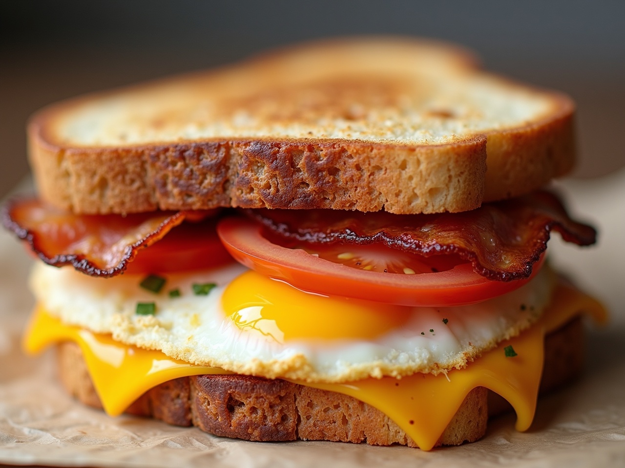 This is a close-up image of a delicious fried egg, bacon, and cheese sandwich made with crispy toast. The sandwich features a runny egg yolk, crispy bacon, and slices of fresh tomato. It is layered between two slices of golden-brown toast, which adds a crunchy texture. Iceberg lettuce peeks out from the sides, adding a fresh, crisp element. The warm colors of the sandwich make it very appealing, enticing anyone who sees it to want to take a bite.