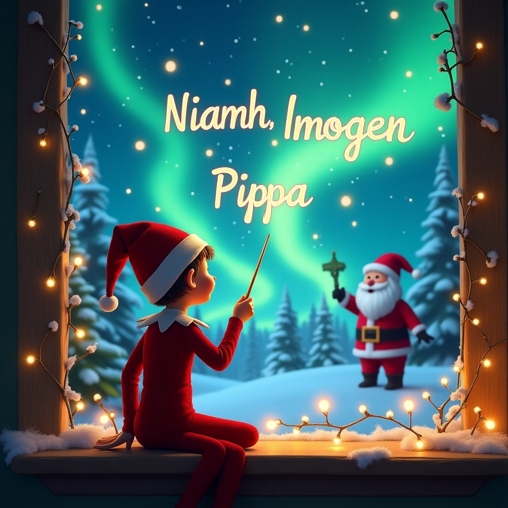 The image features an elf on the shelf facing away, gazing up at the night sky. The elf is using a wand to write names—Niamh, Imogen, and Pippa—into the shimmering sky. Behind the elf, a window frames a magical winter scene with vibrant northern lights dancing above a snow-covered landscape. Santa can be seen in the background, adding to the festive atmosphere. Twinkling fairy lights adorn the window, enhancing the cozy, Christmas spirit.