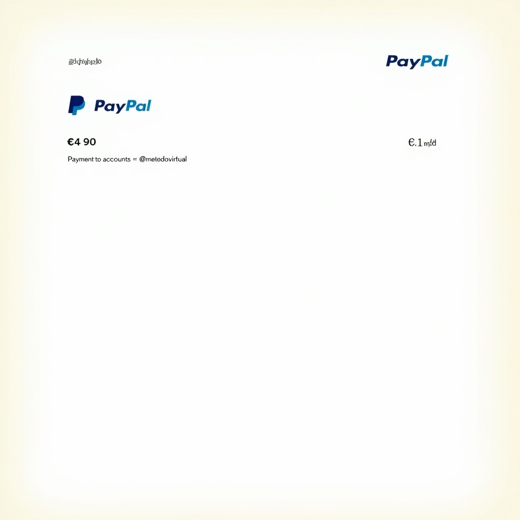 Illustration of PayPal proof of payment document. Completed transaction shows €4.90 directed to account @metodovirtual. Receipt design typical of PayPal documents with bold text and simplified background.