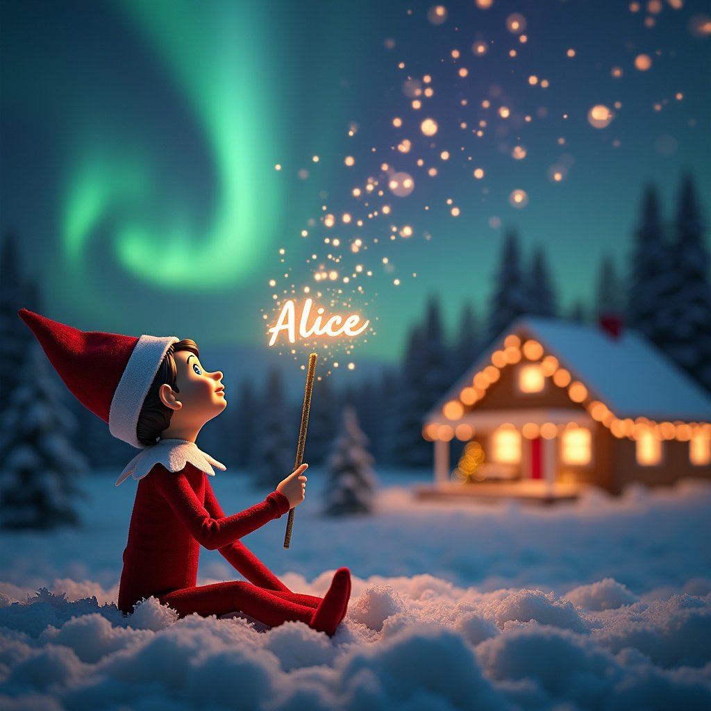 An elf on the shelf named Alice sits with her back to the viewer. She looks upward and holds a sparkling wand. A beautiful Christmas scene with colorful northern lights and a cozy house in the background. Snow covers the ground, embodying the magic of Christmas.