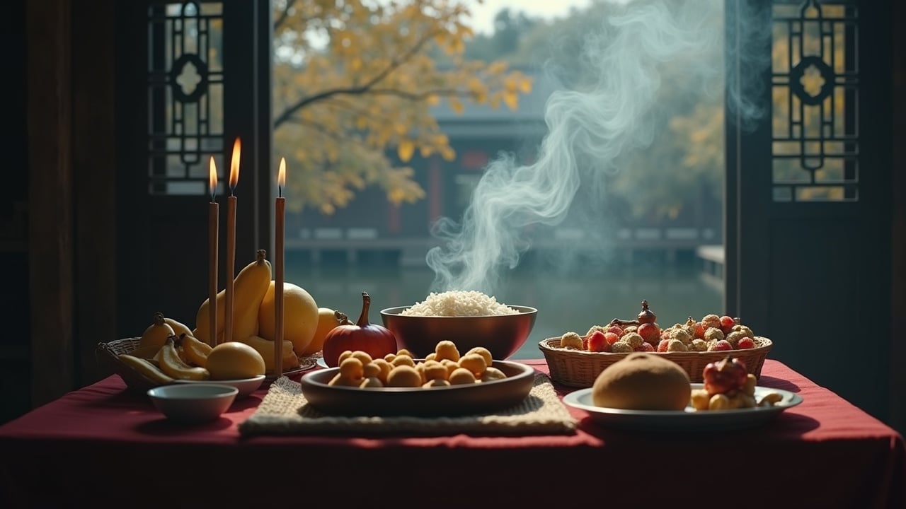 The scene depicts a solemn ceremony of ancestor worship at the beginning of winter. A table is centrally placed, adorned with a variety of offerings, including fruits, cakes, and a bowl of steaming rice. Three burning incense sticks are visible, with smoke rising elegantly, adding to the serene ambiance. The background offers a glimpse of the early winter landscape, featuring withered yellow leaves and a subdued sky. The overall dark tones of the image enhance the sense of reverence and respect, capturing the essence of the sacrificial ritual. Rich details and a carefully balanced color grading create a cinematic feel, inviting contemplation and respect.