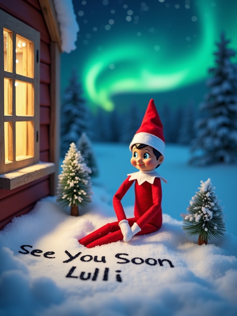 Elf on the Shelf sits in a winter scene dressed in red. Elf writing 'See You Soon Lulli' in snow near window. Cozy cabin in background with warm light. Northern lights glowing in night sky. Snowy landscape with evergreen trees. Tranquil joyful holiday atmosphere.