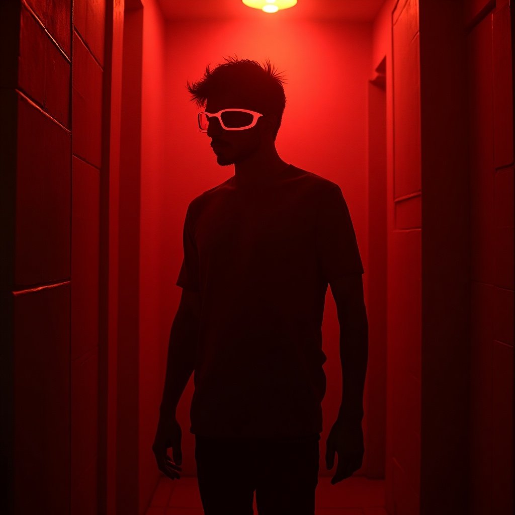 Silhouette stands in a dark corridor illuminated by red light. The atmosphere is mysterious and dramatic. The scene evokes intrigue and suspense.