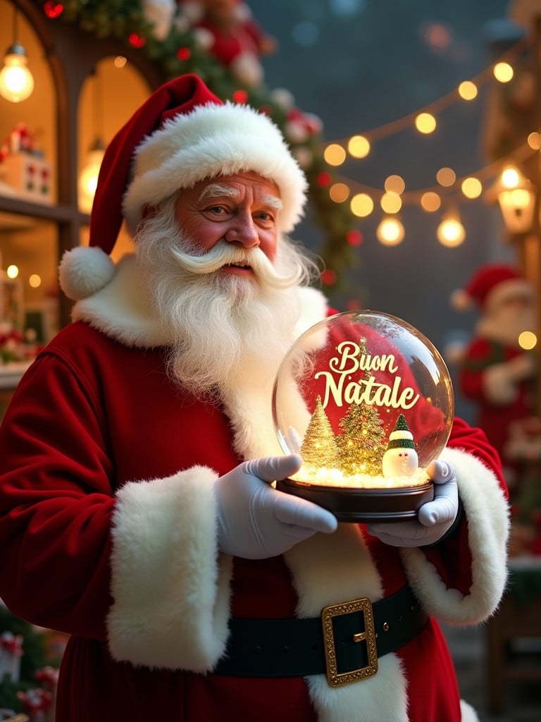 Christmas scene features Santa Claus in red and white suit holding a snow globe. Snow globe contains the name 'Buon Natale da Bentley Padova'. Background shows a toy shop filled with festive decorations. Glowing lights embellish the setting.