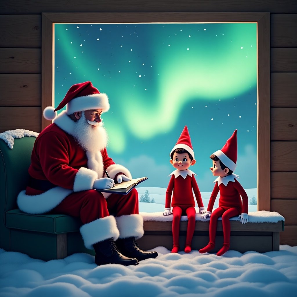 Image features Santa Claus and an elf in a cozy cabin setting. They are sitting together, surrounded by snow. A colorful northern lights display is visible outside the window. Santa is writing notes, creating a holiday atmosphere. The scene is magical and captures the spirit of Christmas.