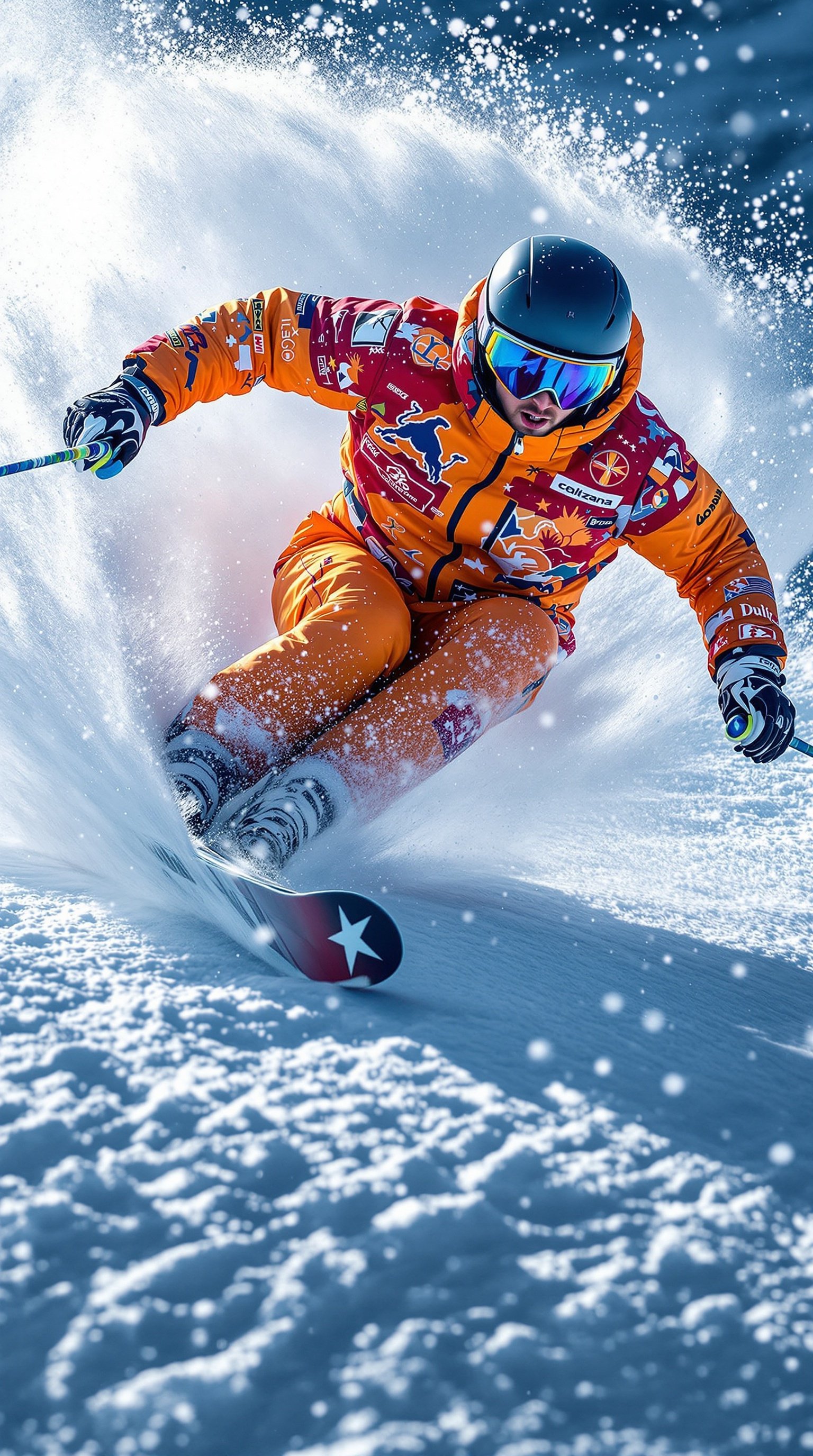 A downhill skier in a colorful suit maneuvers through snowy terrain. The action shot showcases the athleticism and agility of the skier. Bright daytime light enhances the scene. Snow is kicked up dramatically around the skier, creating a sense of motion and excitement.