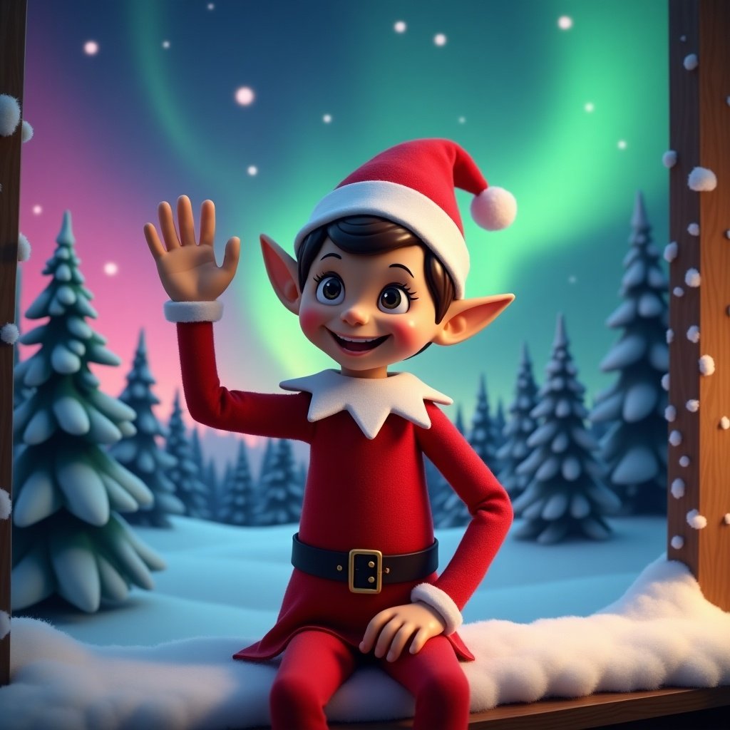 A joyful boy elf is waving cheerfully. He is in a festive red outfit with a Santa hat. The background features a magical winter scene with snow-covered trees and vibrant northern lights. The elf's expression is welcoming and creates a warm atmosphere.