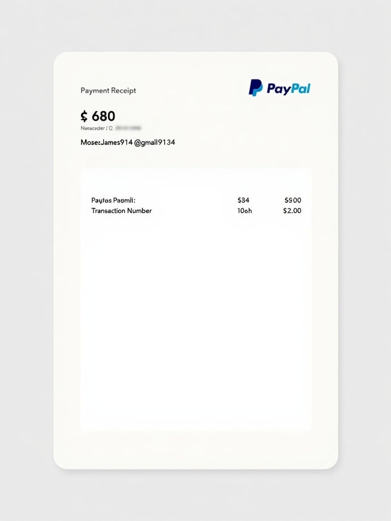 PayPal payment receipt showing a transaction for eighty dollars. Document includes the PayPal logo, payer details, transaction amount, and transaction number. Clean design suitable for online payments.