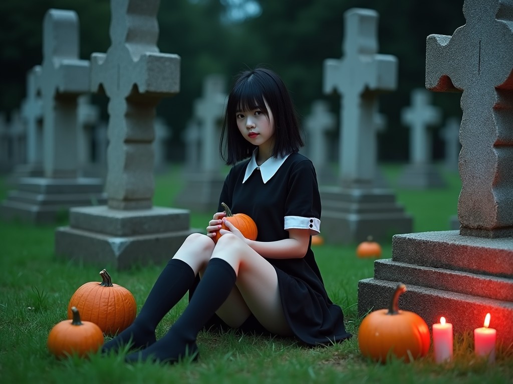 This photograph features a young Japanese woman seated in a cemetery at night. She has a pale complexion and dark hair, styled in a bob, wearing a black dress with a white collar. Surrounding her are several large, grey stone crosses, creating a haunting atmosphere. In her lap, she holds a small pumpkin, with more scattered on the grass. Flickering red candles add warmth to the scene, contrasting the eerie setting. The photograph captures a perfect blend of gothic and Halloween themes, creating a visually striking composition.