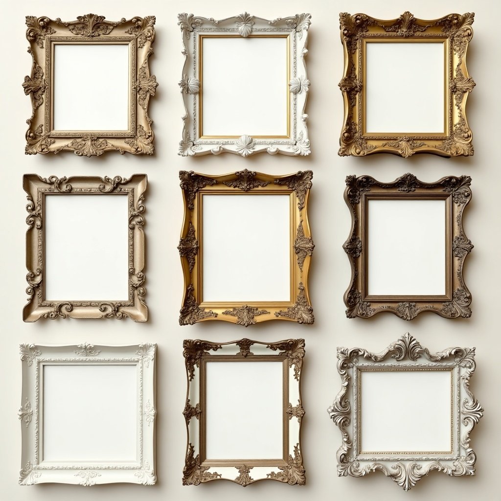 Display of ornate card frames in various colors arranged in a grid pattern. Nine frames evenly spaced. No images in the frames.