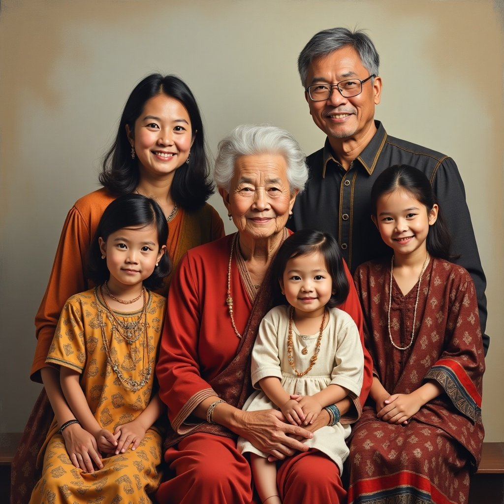 Multi-generational family portrait. Depict family members spanning three generations. Elders seated as focal point. Younger adults stand behind. Children near elders. Vibrant cultural clothing reflects heritage. Warm smiles convey unity. Child on elder's lap symbolizes love. Hands resting on one another demonstrate support. Oil painting with soft texture. Neutral background enhances focus. Warm lighting highlights expressions.