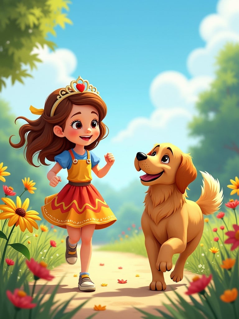 A joyful moment between a young girl and her golden retriever dog. They are outdoors on a sunny day with vibrant flowers and green scenery. The girl is wearing a yellow, blue, and red dress running alongside her dog who is happily looking up at her. The scene reflects friendship and joy in a picturesque setting.