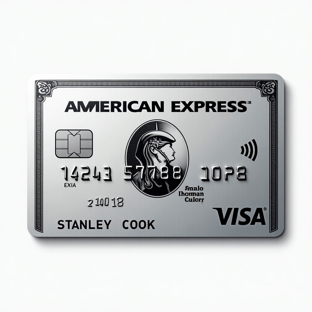 Realistic image of a platinum American Express credit card with focused design elements and distinct details. Visa logo present. Cardholder name shown is Stanley Cook. Expiry date displayed as March 2028. Silver background with bold black font depicting a mix of modern elegance.