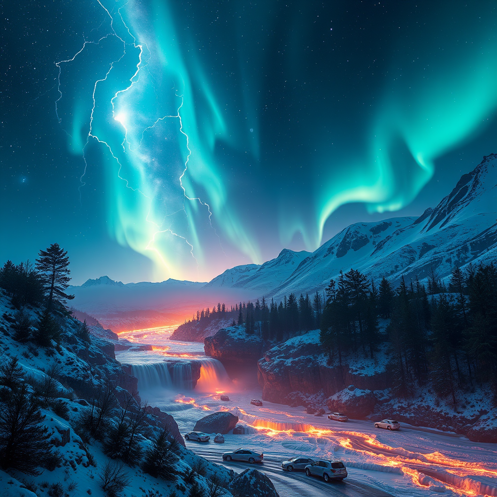 An ethereal scene combines glowing auroras with a fiery, lava-like river cascading through a snowy mountain landscape.