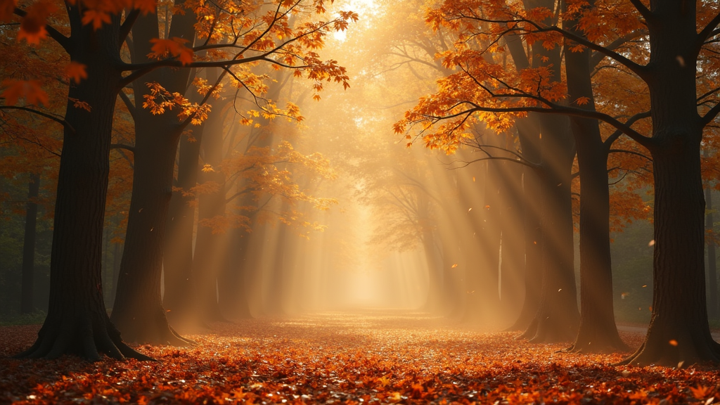 Sunlight streams through a corridor of tall trees with vibrant orange and red autumn leaves.