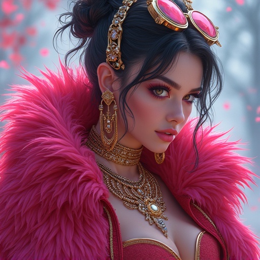 Extreme high fashion; features haute couture and street wear. Stylish model showcases anime aesthetics with luxurious, opulent attire. Dreamy and vibrant atmosphere with unique accessories; high impact visual appeal. Futuristic elements incorporated