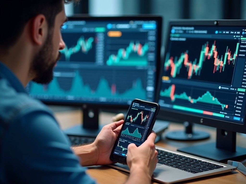 The image depicts a person engaged in financial trading. The individual is using a smartphone in one hand while closely observing financial charts on two computer screens. The screens display various trending graphs and analytics associated with the stock market. The setting suggests a modern workspace, filled with technology. The upward trends in the charts indicate a positive market movement, highlighting the engagement of the trader.