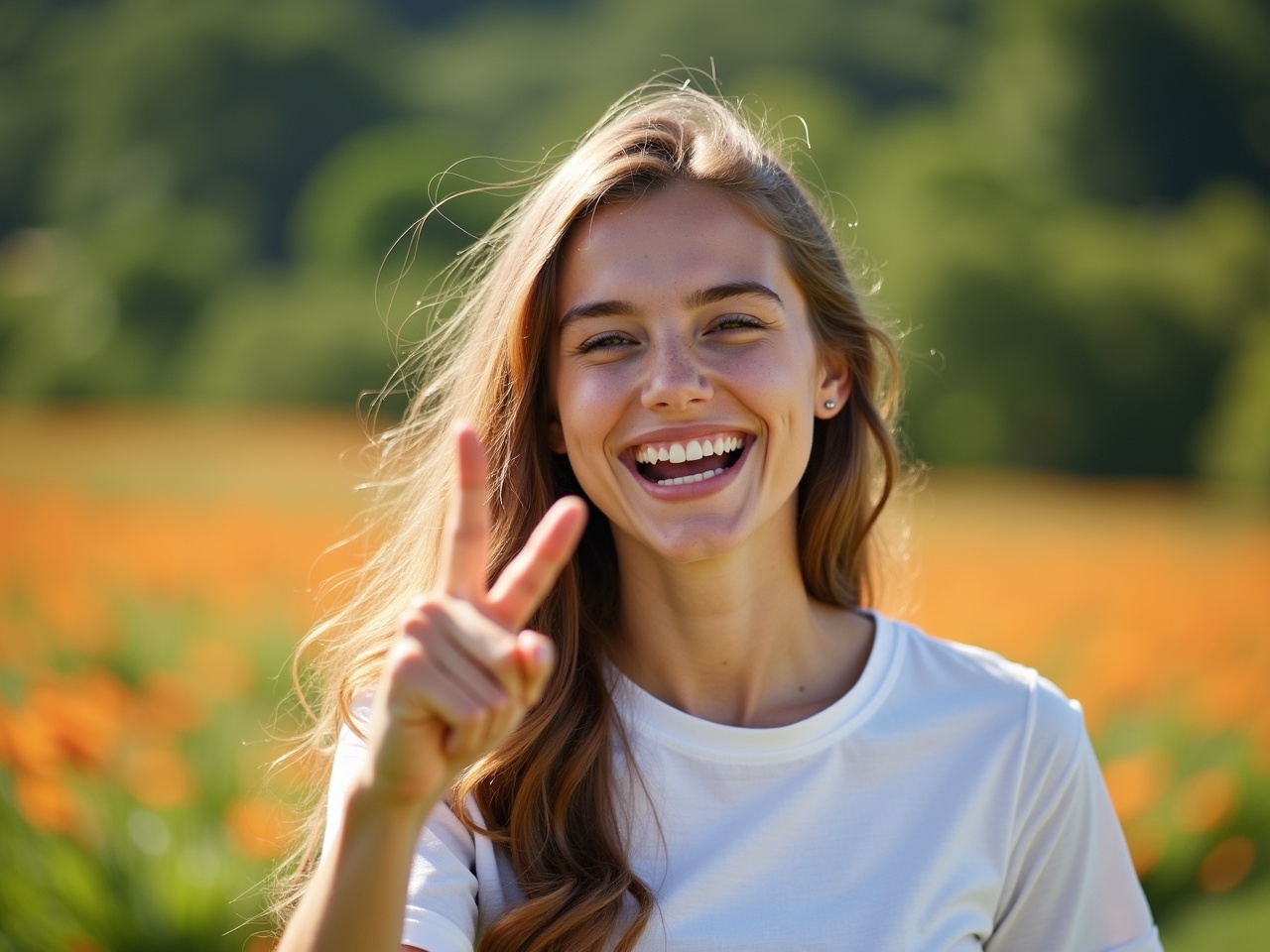 In this image, a young woman is taking a selfie outdoors, smiling widely while giving a horn gesture. The background features a green landscape with orange flowers, indicating a bright and cheerful day. She has long, wavy hair and is wearing a casual white t-shirt, embodying a friendly and approachable vibe. The lighting is bright and natural, enhancing her cheerful expression. This image radiates positivity and invites viewers to share in her joyful experience.