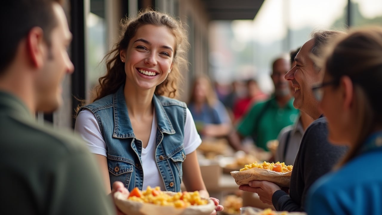 Group of people enjoying a meal outdoors, one woman smiling and handing out food