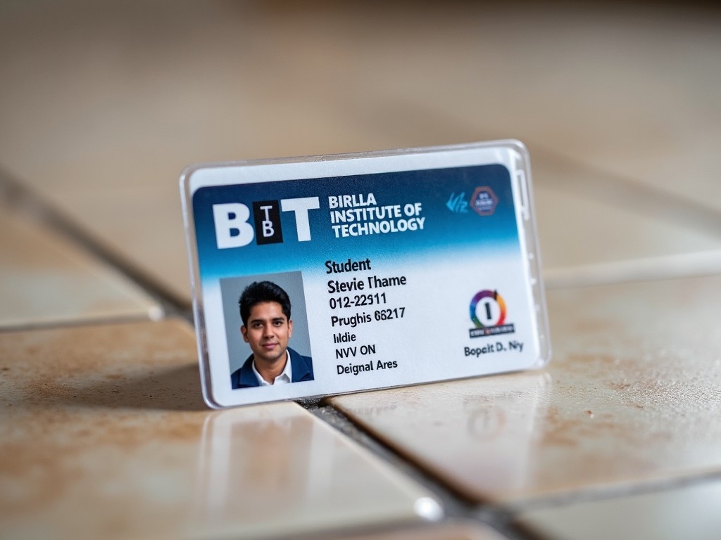 The image depicts a student ID card from the Birla Institute of Technology placed on a tiled surface. The card features the student's name, ID number, and photo, emphasizing its importance for identification. The design includes the logo of the institute, showcasing its branding. The card is captured in natural light, highlighting the details clearly. The tiled background adds a subtle texture to the composition, making the card stand out prominently.