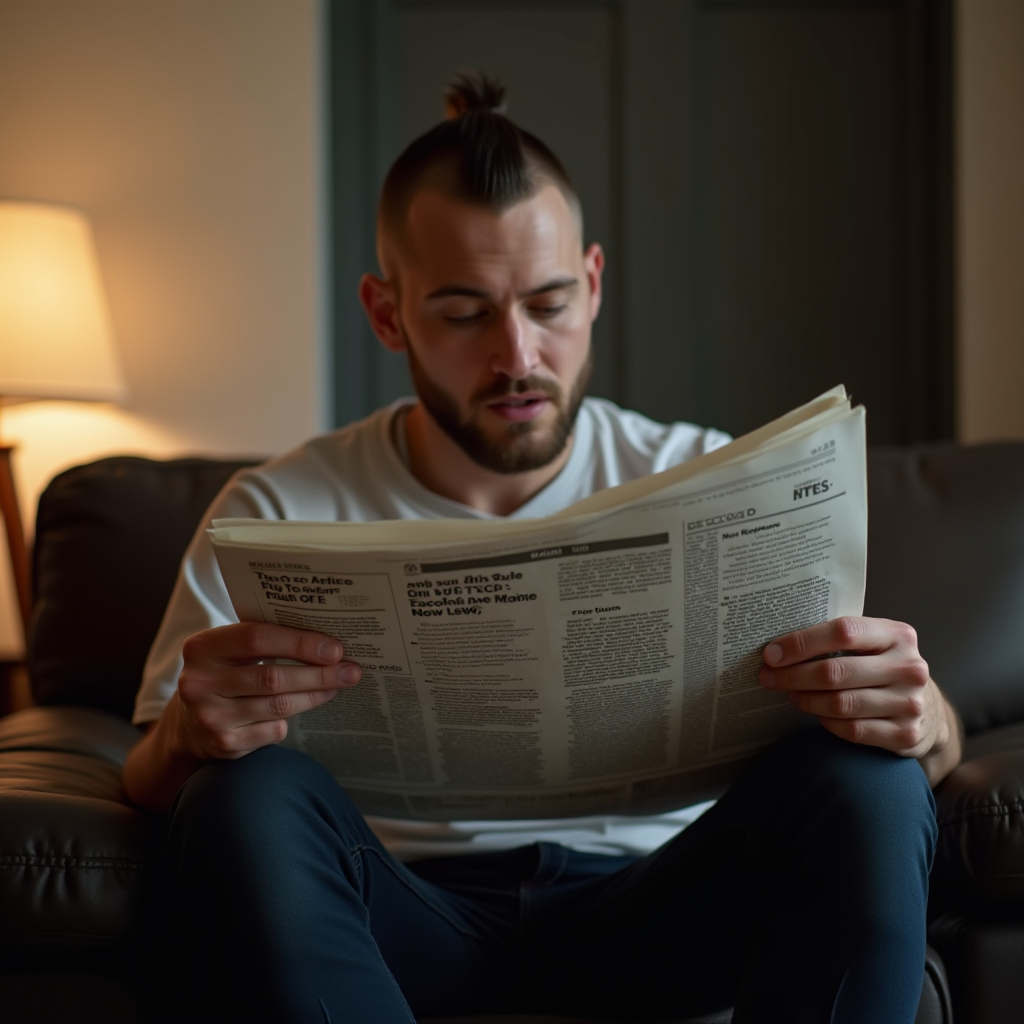 A man with a modern hairstyle is intently reading a newspaper in the cozy light of a living room.