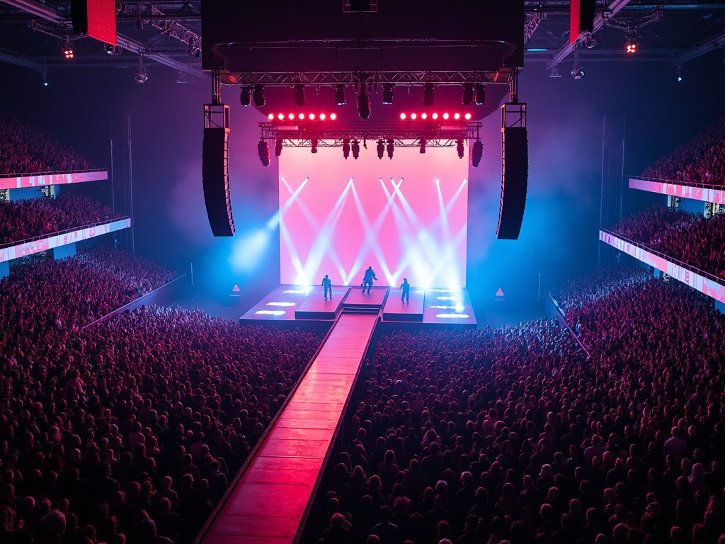 The image captures a Travis Scott concert from a drone perspective, showcasing an arena filled with a large audience. The focal point is the grand stage, complemented by a catwalk ramp extending towards the crowd. Intense blue and red lighting illuminate the setup, creating a vibrant atmosphere. The lighting design emphasizes the performers and adds to the energetic ambiance of the event. The expansive crowd indicates the popularity of the concert, with fans eagerly engaged with the performance. This scene encapsulates the excitement and spectacle of a live music event.