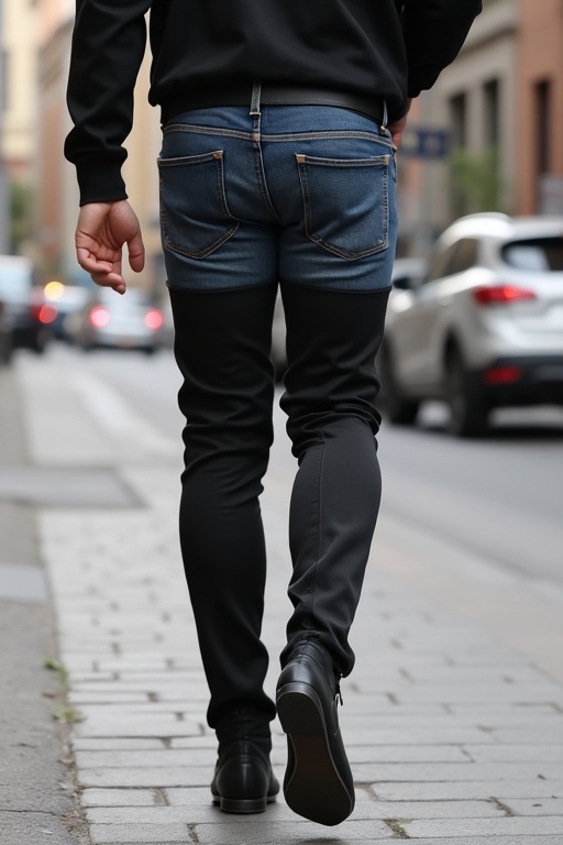 Guy walks on street. Wearing high heeled thigh boots. Dressed in denim shorts and black leggings. Urban setting with vehicles.