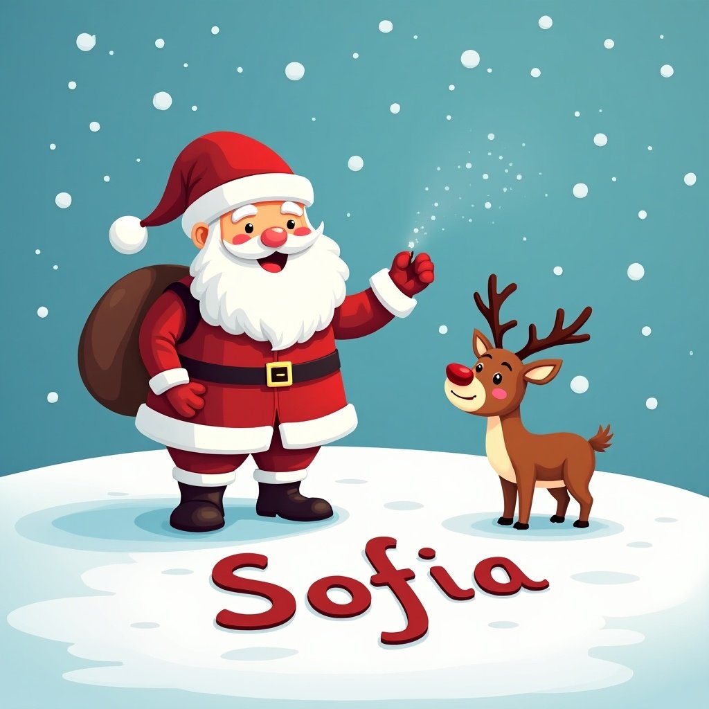 The image features a jolly Santa Claus standing in a snowy landscape. He is writing children's names in the snow, including 'Sofia'. Accompanied by a cheerful little reindeer who curiously observes. The scene is vibrant with a bright blue background and fluffy white snow. The overall atmosphere is festive and magical, perfect for the holiday season.