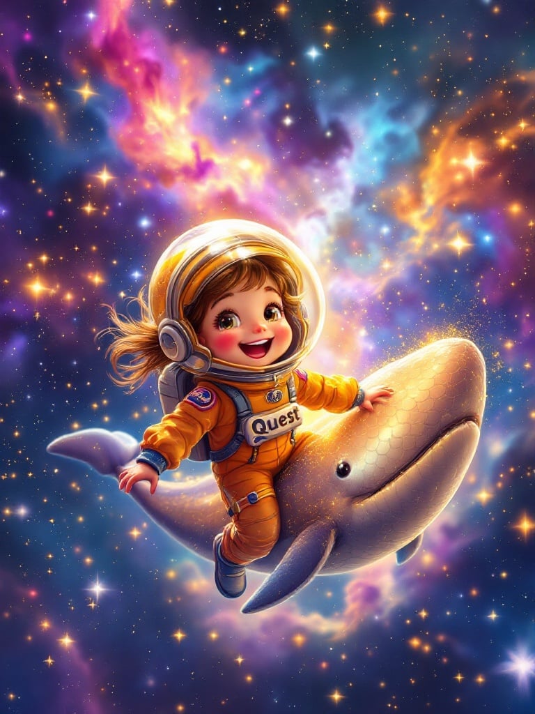 Joyful astronaut girl in vibrant space suit gliding in space on an ethereal whale. Backdrop filled with twinkling stars and colorful nebulae. Child's eyes wide with wonder. Scene conveys imagination and adventure.